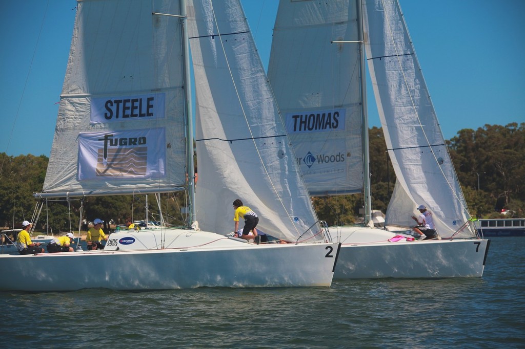 Chris Steele and Steve Thomas were locked into a fierce prestart battle in Flight 1. - Warren Jones International Youth Match Racing Regatta 2013 © Bernie Kaaks